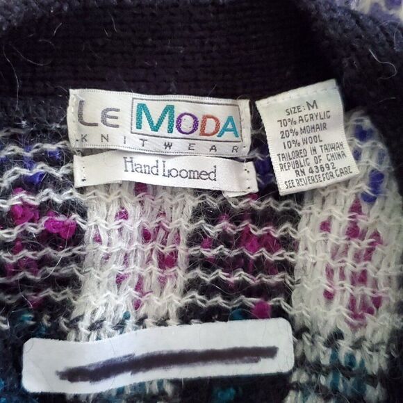Vintage 80s Le Moda Cardigan Sweater M Black Purple Mohair Plaid Retro Preppy - Picture 5 of 6
